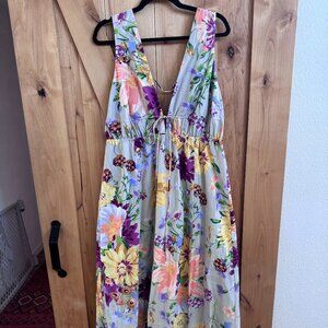 Floral H&M Linen blend Dress, deep V, Size L- Never Worn, tags still on